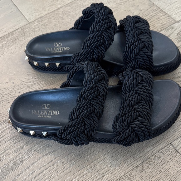 Valentino Garavani Black Braided Rope Slide Sandals with Stud Trim - Picture 3 of 5